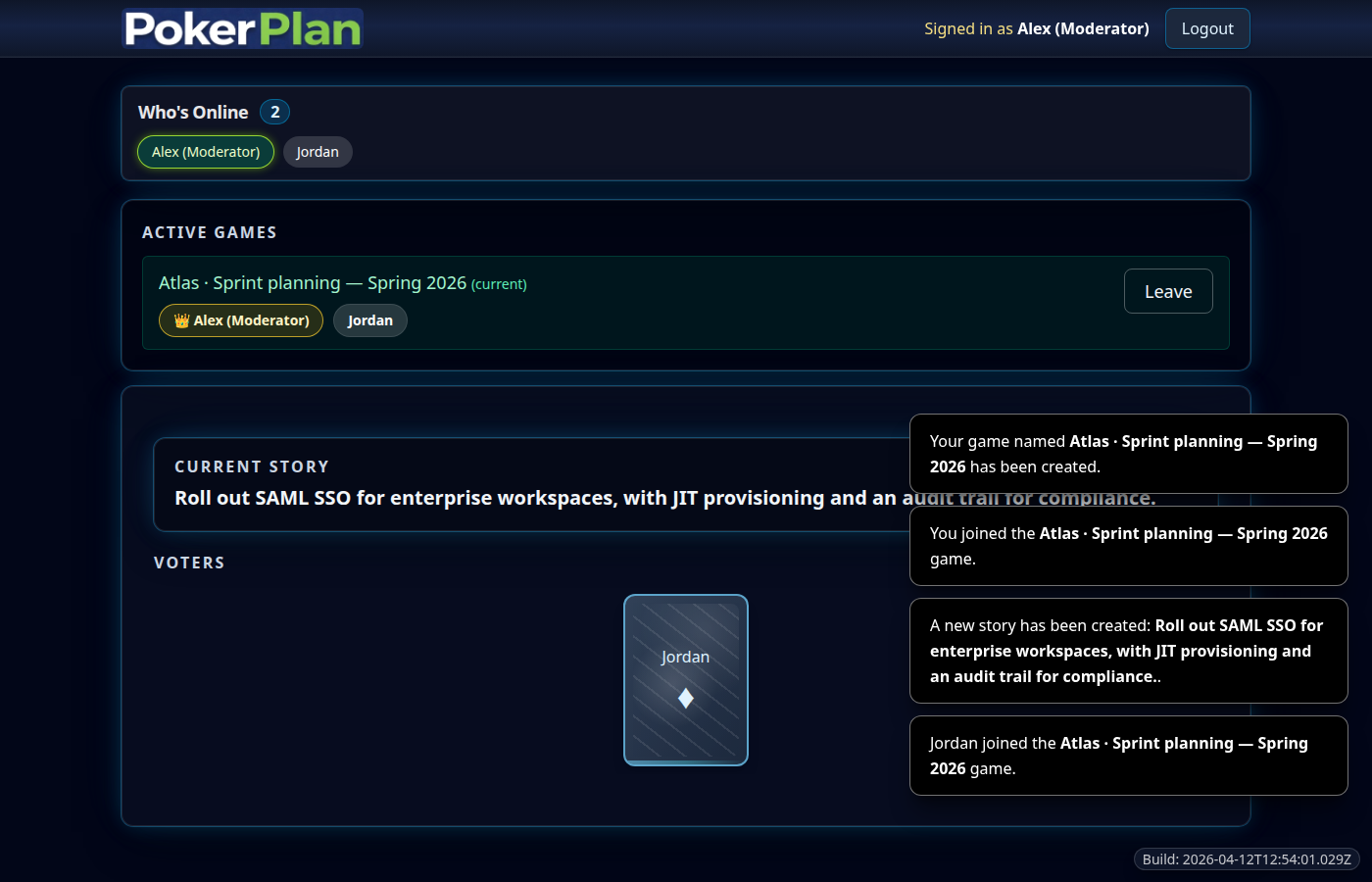 PokerPlan in use: a planning poker session with a story, voting cards, and participants